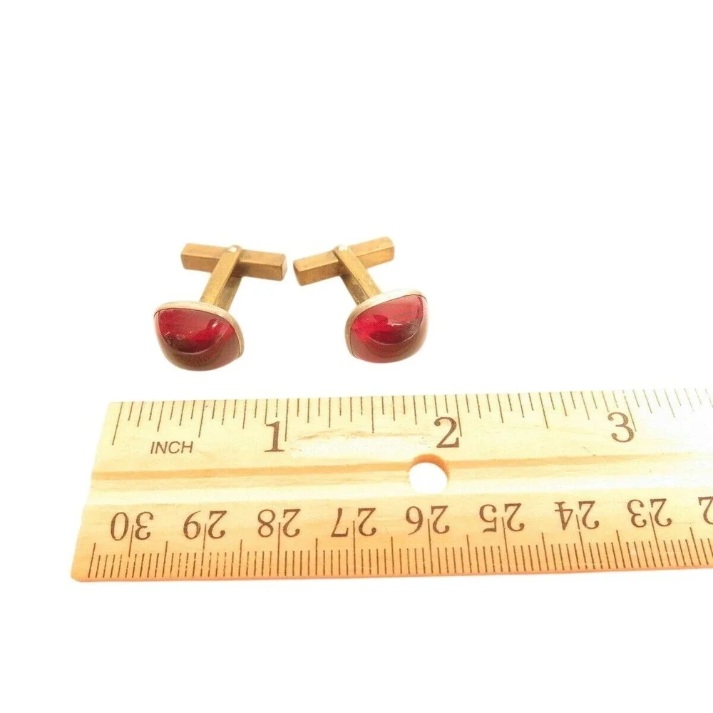 Antique Silver Tone & Brass Domed Red Glass‎ Cabochon Cufflinks*Formal Groom